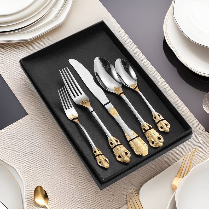 JR Vintage Embossed Stainless Steel Cutlery Set (5 pcs) - Je t'aime Resolute