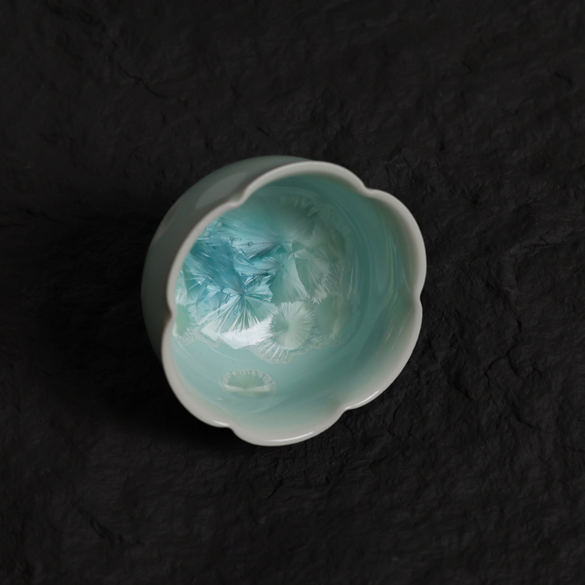 Blue-Green Crystalline Glaze Floral Rim Tea Cup – 3.1” Handmade Ceramic Teaware - Je t'aime Resolute