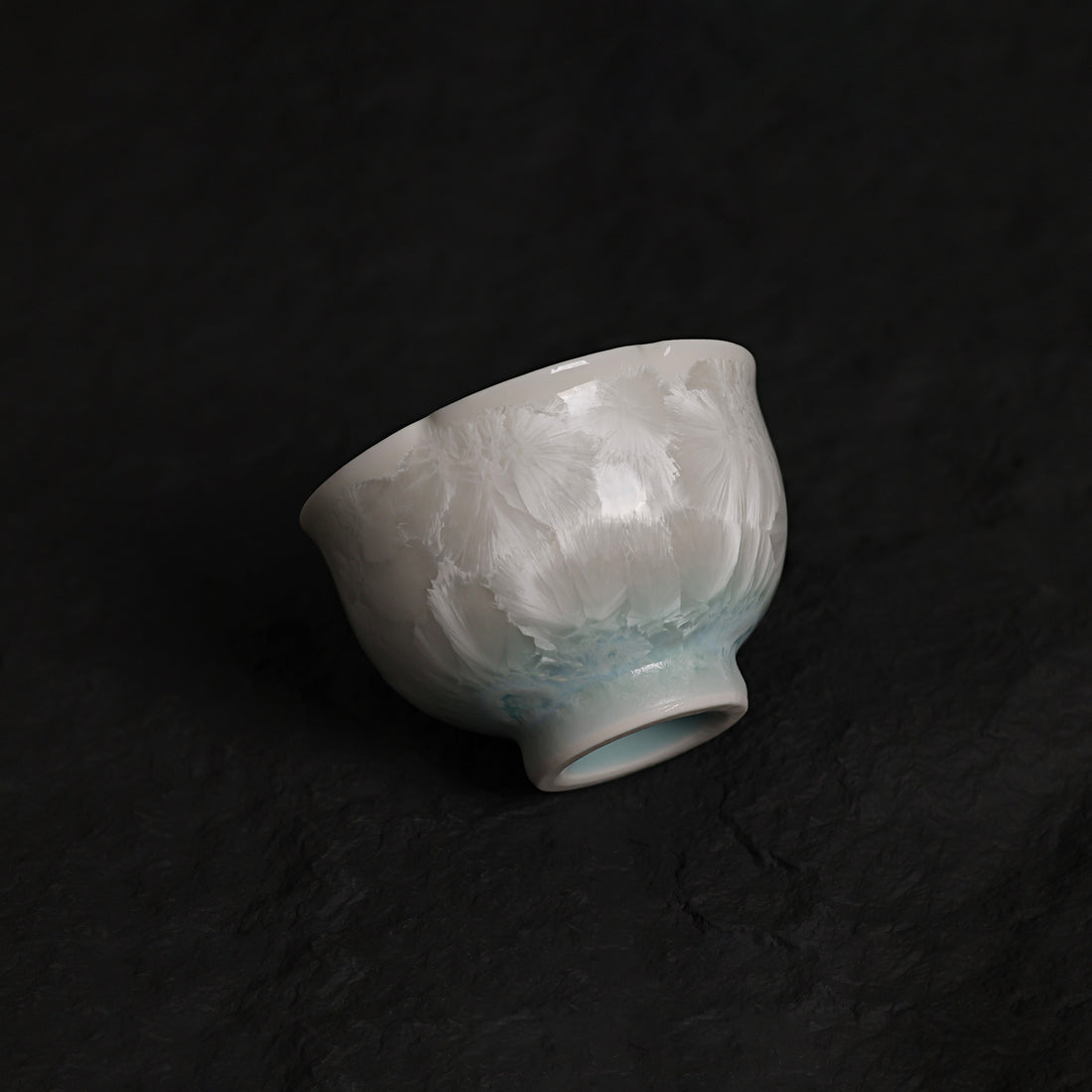 Ice White-Blue Crystalline Glaze Floral Rim Tea Cup – 3.1” Handmade Ceramic Teaware - Je t'aime Resolute