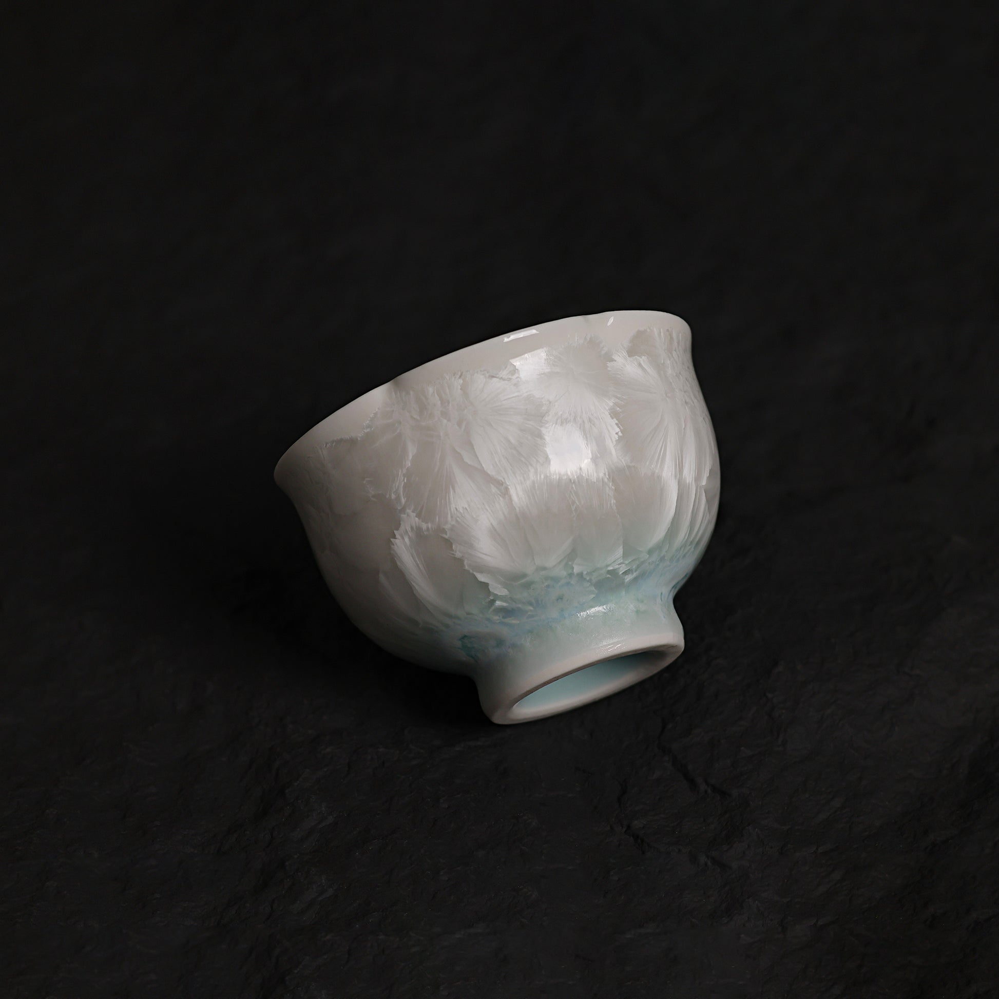 Ice White-Blue Crystalline Glaze Floral Rim Tea Cup – 3.1” Handmade Ceramic Teaware - Je t'aime Resolute