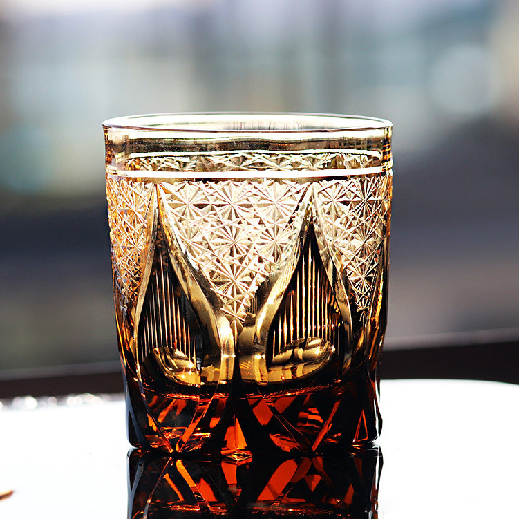 Edo Kiriko Handcrafted Amber Candlelight Whisky Glass with Wooden Box - Je t'aime Resolute