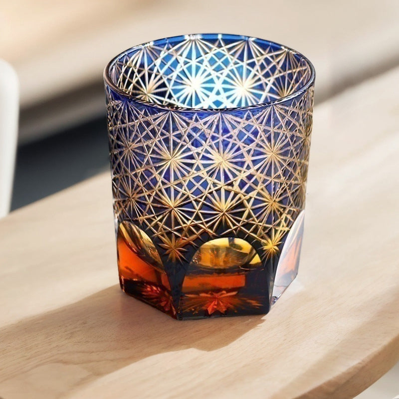 Edo Kiriko Handcrafted Blue Wave Daisy Whisky Glass with wooden box - Je t'aime Resolute