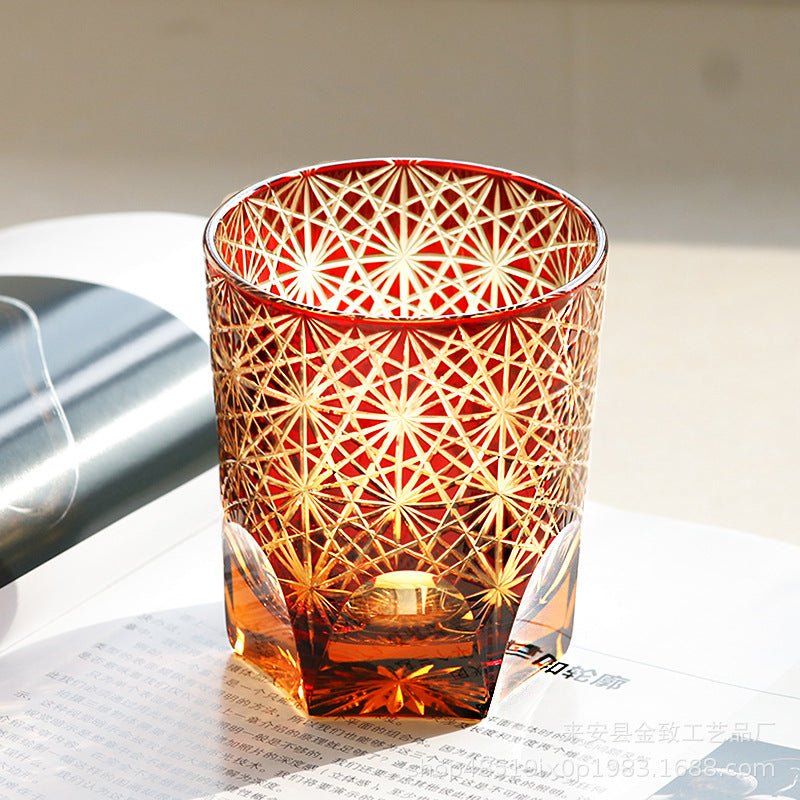 Edo Kiriko Handcrafted Blue Wave Daisy Whisky Glass with wooden box - Je t'aime Resolute