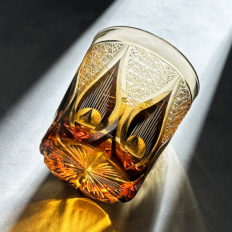 Edo Kiriko Handcrafted Amber Candlelight Whisky Glass with Wooden Box - Je t'aime Resolute