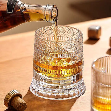 JR Handcrafted 360° Rotating Embossed Crystal Whiskey Tumbler Glass - Je t'aime Resolute