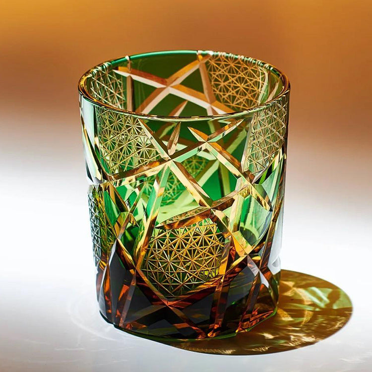 Edo Kiriko Handcrafted Amber Black Lightning Whisky Glass With Wooden Box - Je t'aime Resolute