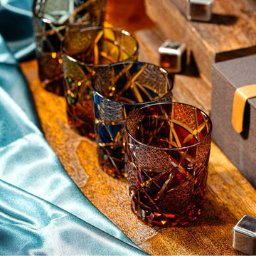 Edo Kiriko Handcrafted Amber Black Lightning Whisky Glass With Wooden Box - Je t'aime Resolute