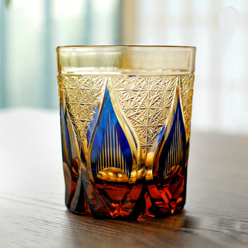 Edo Kiriko Handcrafted Amber Candlelight Whisky Glass with Wooden Box - Je t'aime Resolute