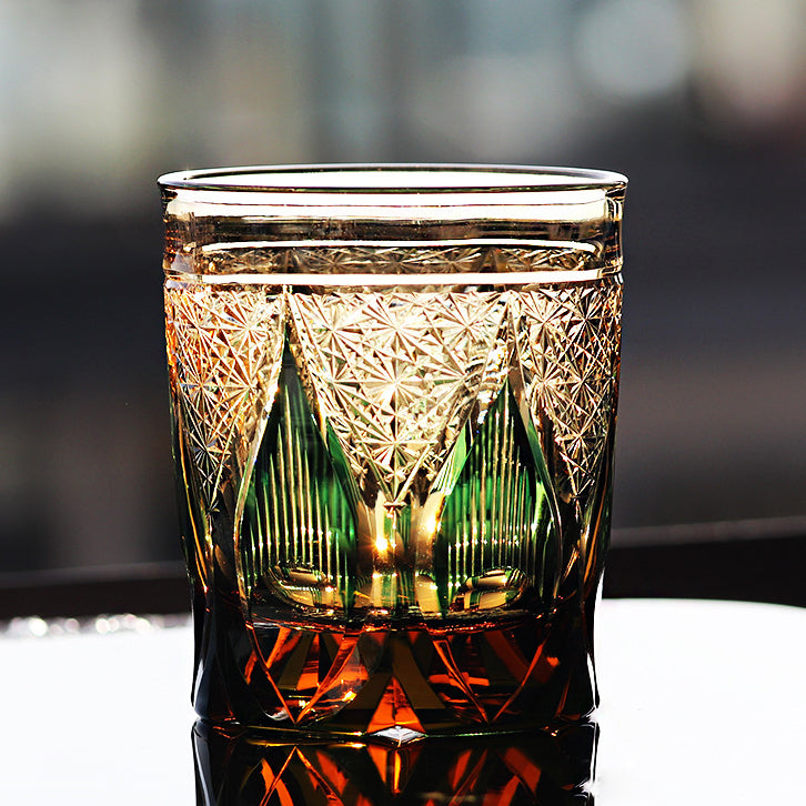 Edo Kiriko Handcrafted Amber Candlelight Whisky Glass with Wooden Box - Je t'aime Resolute