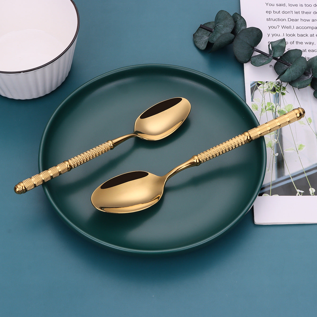 JR French Vintage Embossed Gold-Plated Stainless Steel Cutlery Set (5 pcs) - Je t'aime Resolute