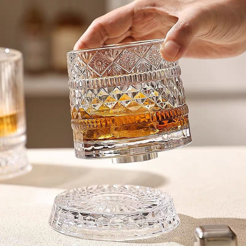 JR Handcrafted 360° Rotating Embossed Crystal Whiskey Tumbler Glass - Je t'aime Resolute