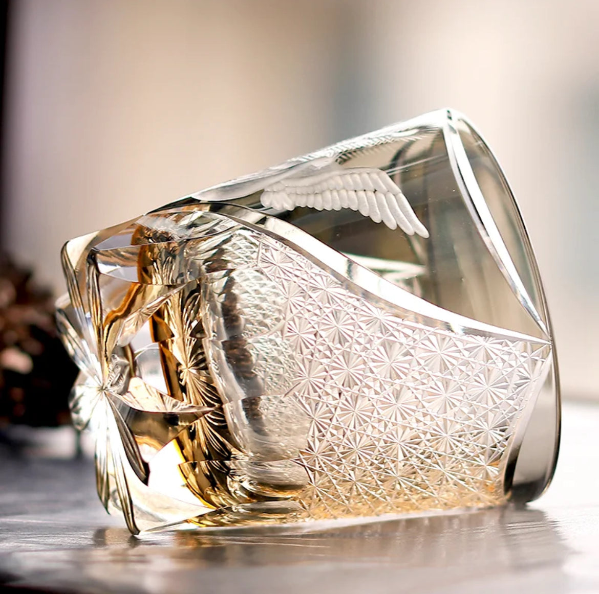 Edo Kiriko Handcrafted Peacock Pattern Whisky Glass Gray Phoenix with Wooden Box - Je t'aime Resolute