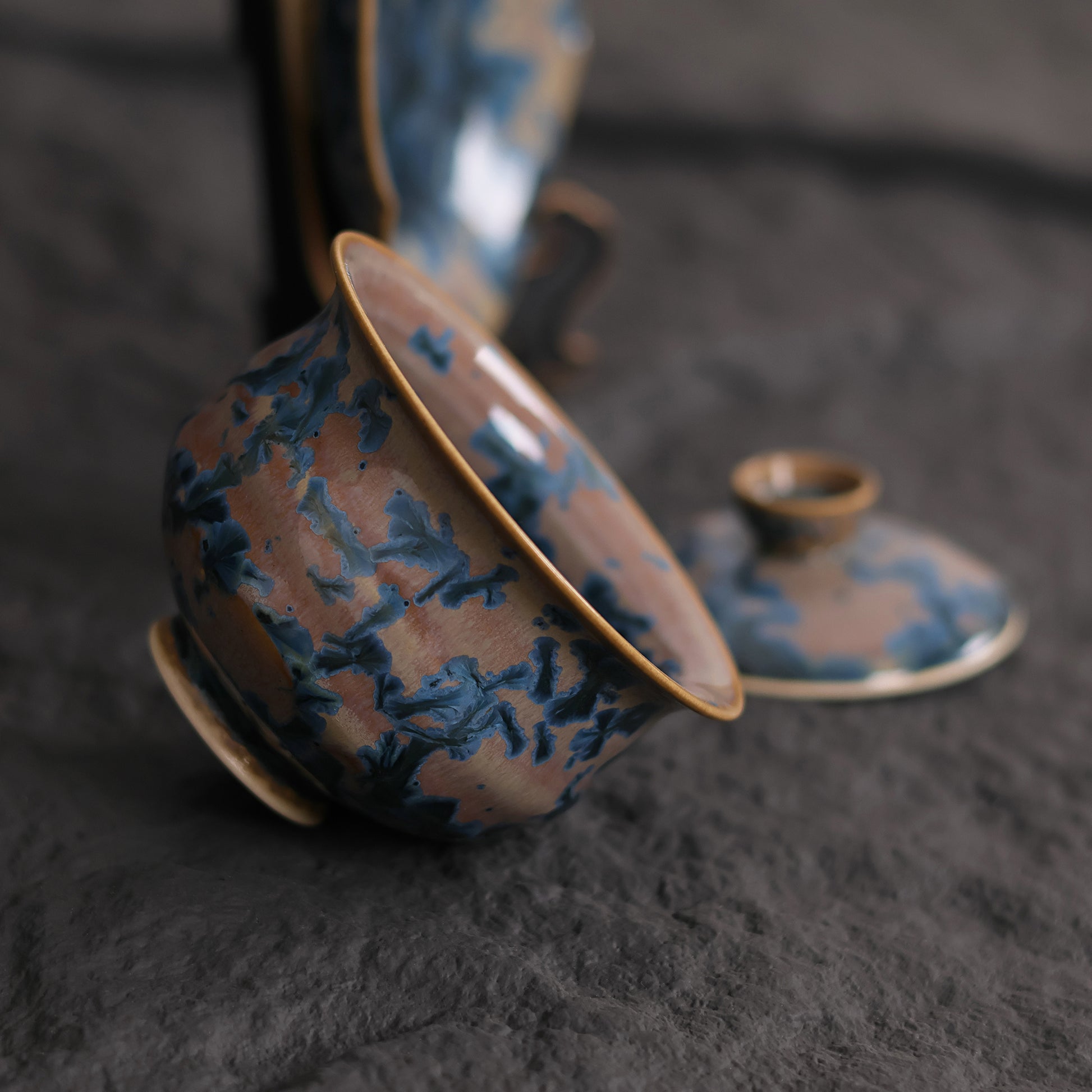 Indigo Bloom | Handmade Ceramic Crystalline Glaze Chinese Tea Bowl & Saucer Set - Je t'aime Resolute