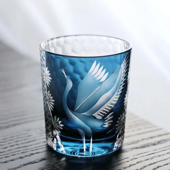 Edo Kiriko Handcrafted Pine & Crane Crystal Whisky Glass with Wooden Box - Je t'aime Resolute