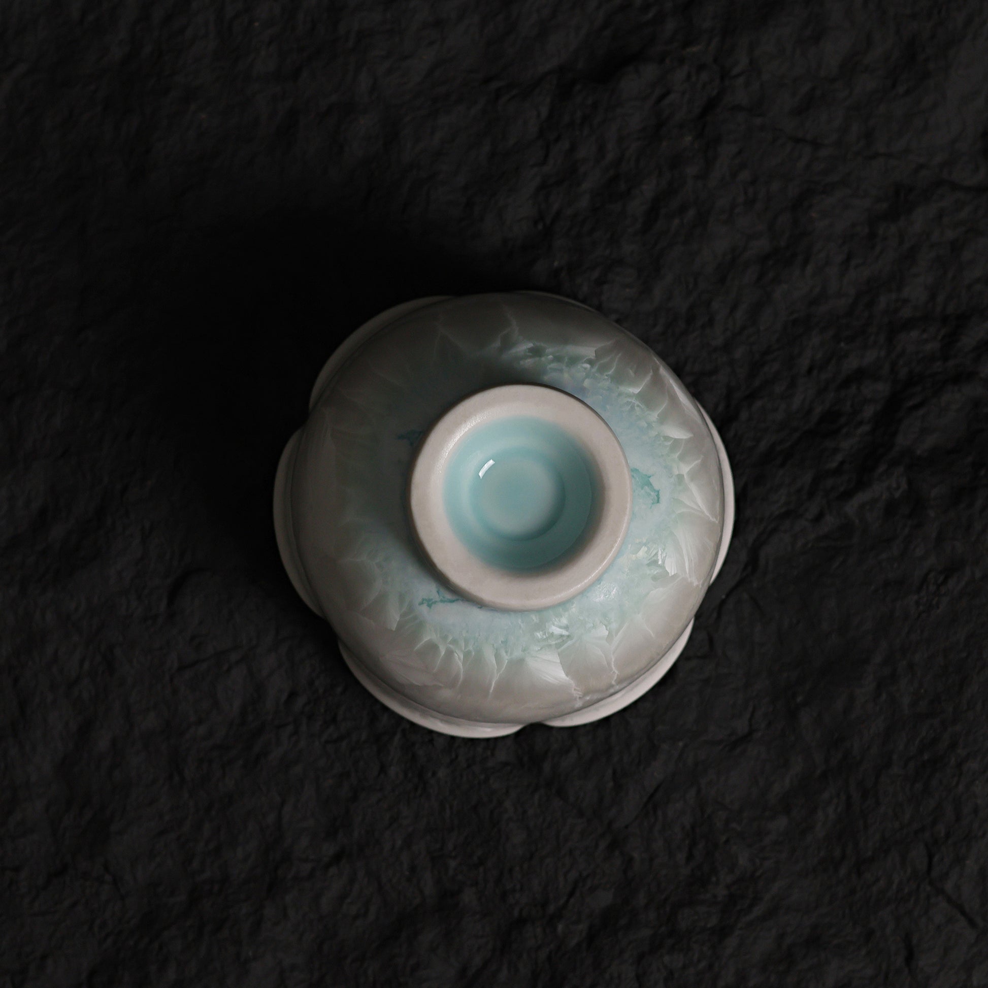 Ice White-Blue Crystalline Glaze Floral Rim Tea Cup – 3.1” Handmade Ceramic Teaware - Je t'aime Resolute