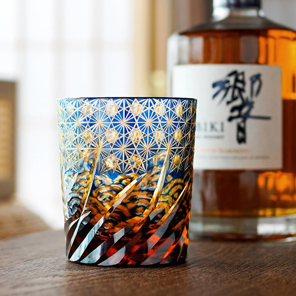 Edo Kiriko Handcrafted Blue Amber Whisky Tumbler with Wooden Box - Je t'aime Resolute