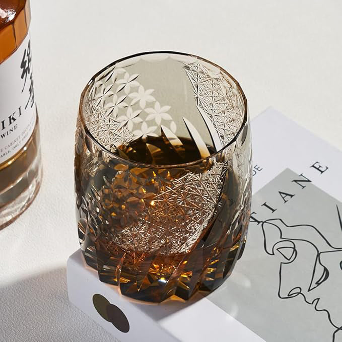 Edo Kiriko Handcrafted Amber Whisky Glass With Wooden Box - Je t'aime Resolute