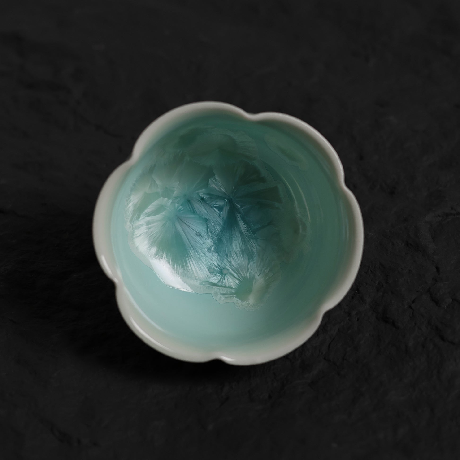 Blue-Green Crystalline Glaze Floral Rim Tea Cup – 3.1” Handmade Ceramic Teaware - Je t'aime Resolute