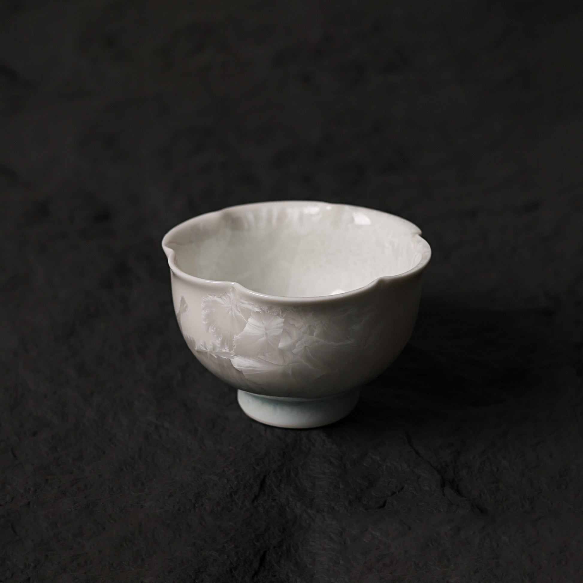 Ice White-Blue Crystalline Glaze Floral Rim Tea Cup – 3.1” Handmade Ceramic Teaware - Je t'aime Resolute