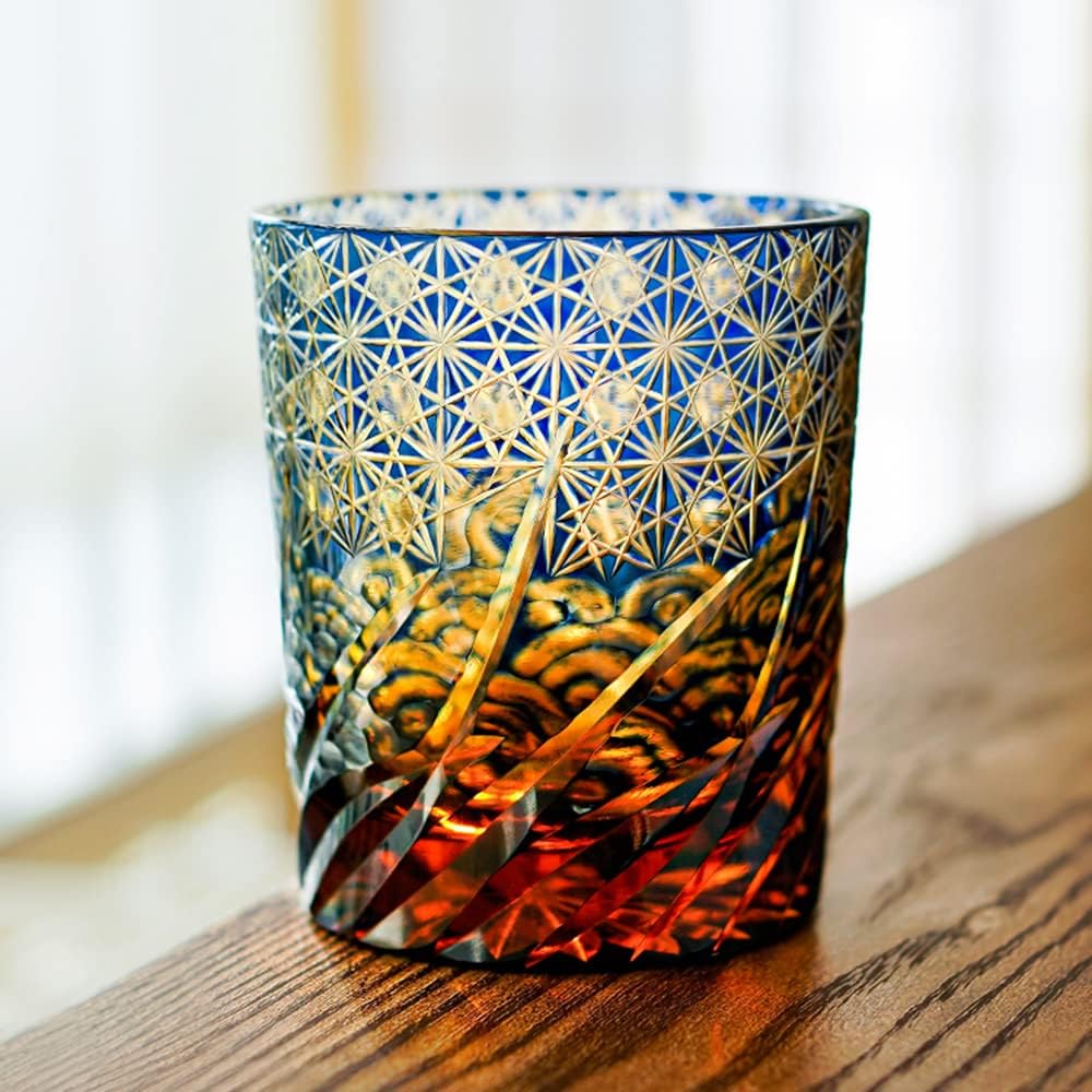 Edo Kiriko Handcrafted Blue Amber Whisky Tumbler with Wooden Box - Je t'aime Resolute