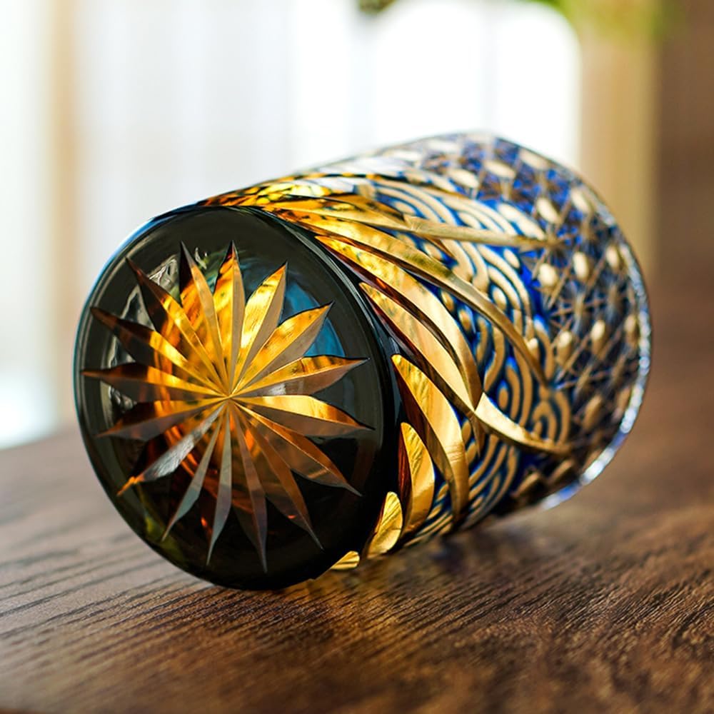 Edo Kiriko Handcrafted Blue Amber Whisky Tumbler with Wooden Box - Je t'aime Resolute