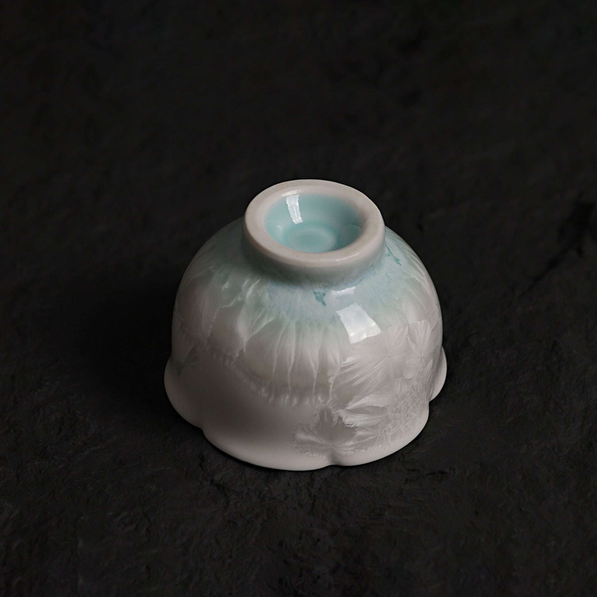 Ice White-Blue Crystalline Glaze Floral Rim Tea Cup – 3.1” Handmade Ceramic Teaware - Je t'aime Resolute