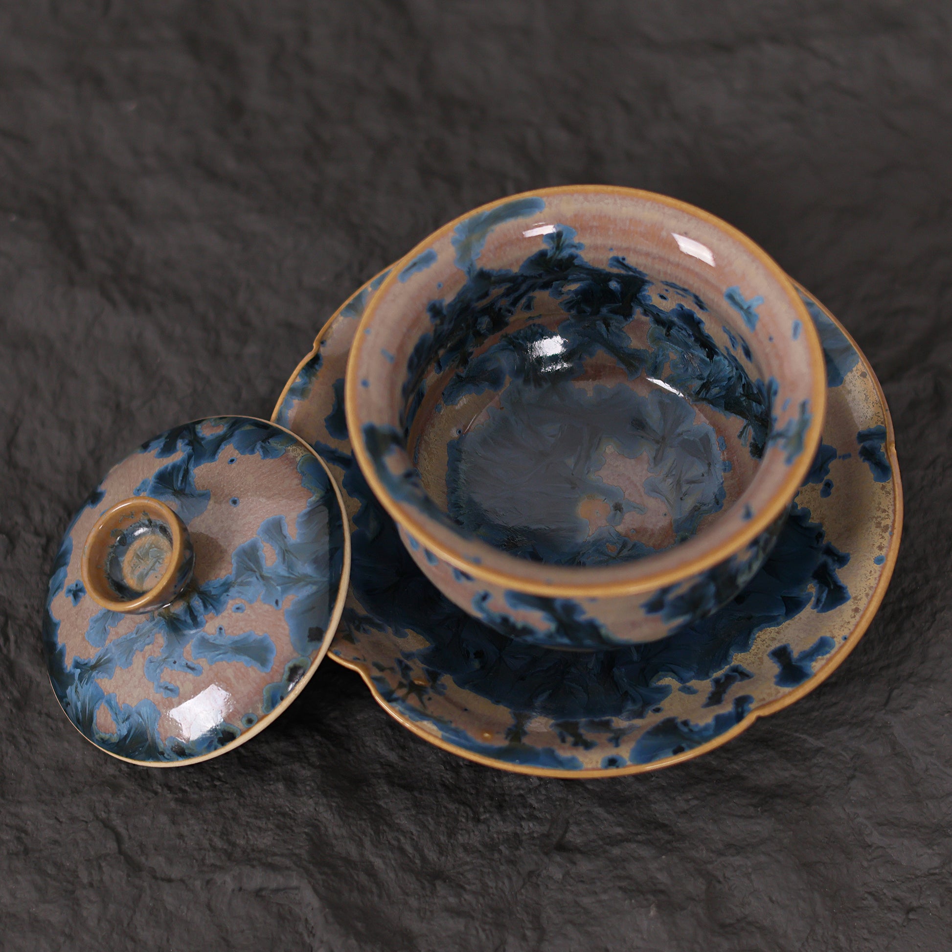 Indigo Bloom | Handmade Ceramic Crystalline Glaze Chinese Tea Bowl & Saucer Set - Je t'aime Resolute