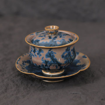 Indigo Bloom | Handmade Ceramic Crystalline Glaze Chinese Tea Bowl & Saucer Set