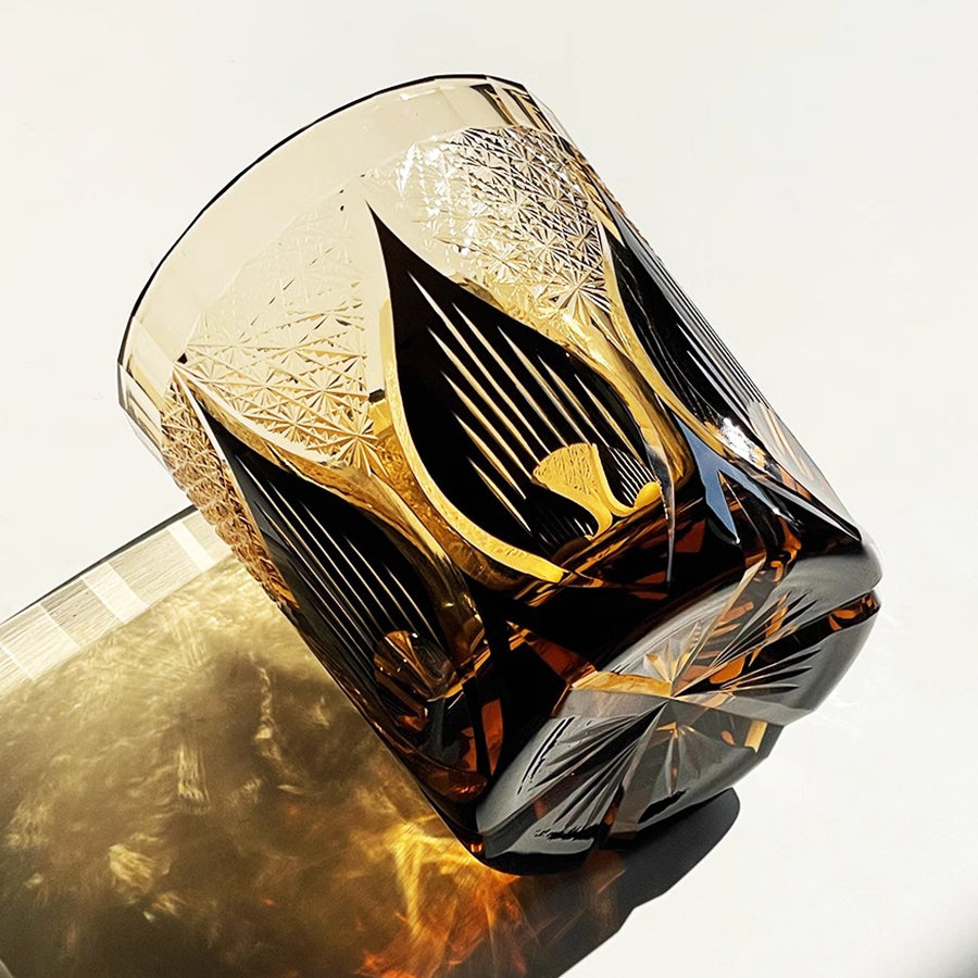 Edo Kiriko Handcrafted Amber Candlelight Whisky Glass with Wooden Box - Je t'aime Resolute