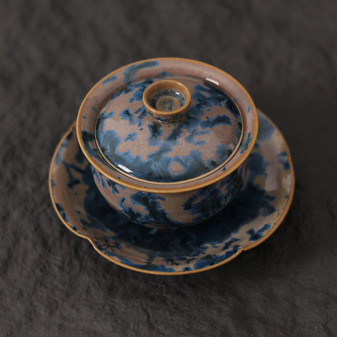 Indigo Bloom | Handmade Ceramic Crystalline Glaze Chinese Tea Bowl & Saucer Set - Je t'aime Resolute
