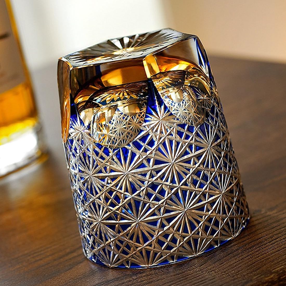 Edo Kiriko Handcrafted Blue Wave Daisy Whisky Glass with wooden box - Je t'aime Resolute