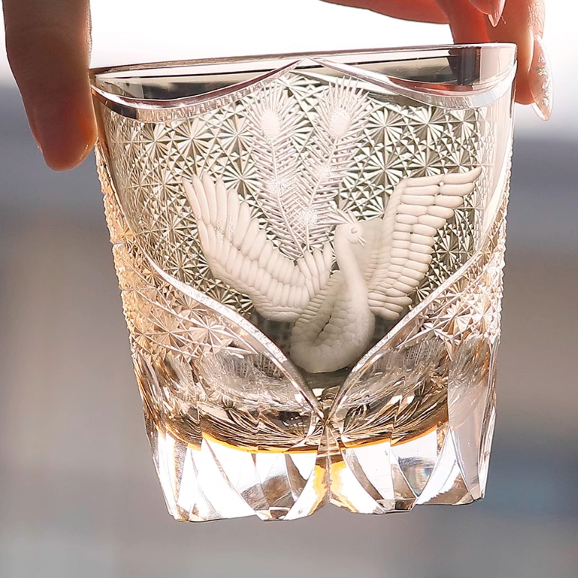Edo Kiriko Handcrafted Peacock Pattern Whisky Glass Gray Phoenix with Wooden Box - Je t'aime Resolute