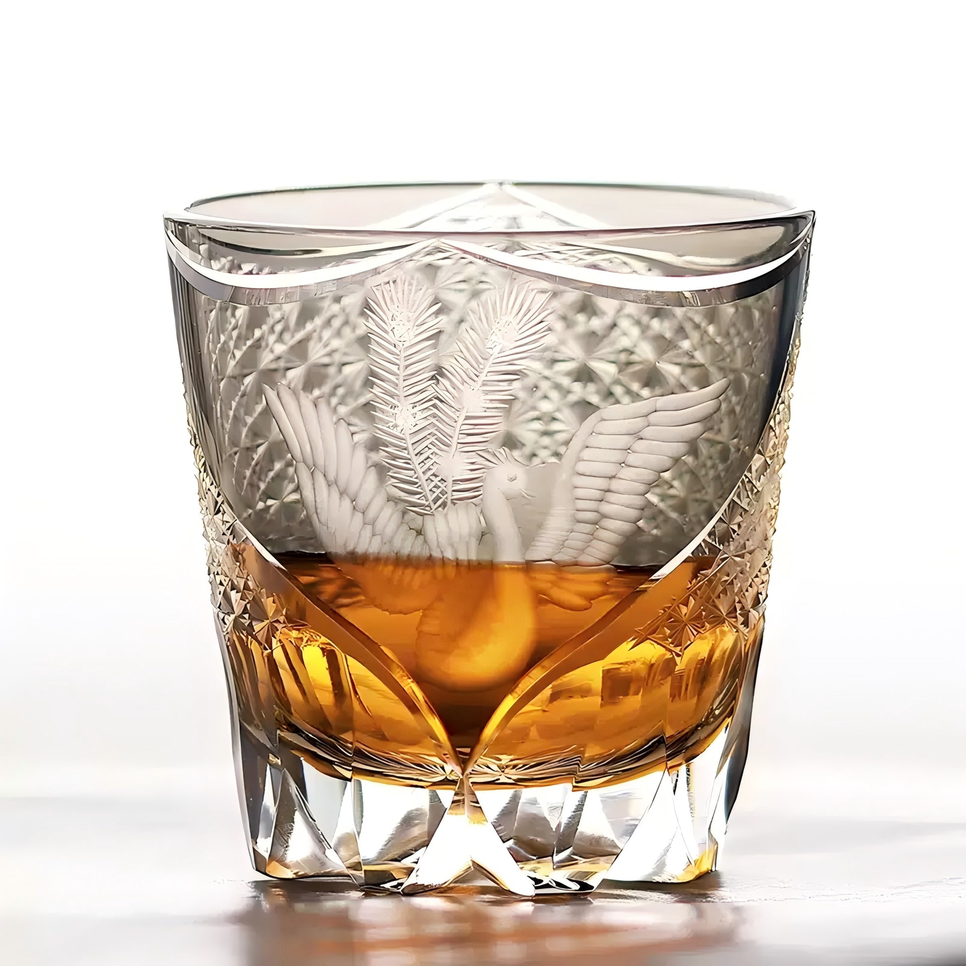 Edo Kiriko Handcrafted Peacock Pattern Whisky Glass Gray Phoenix with Wooden Box - Je t'aime Resolute