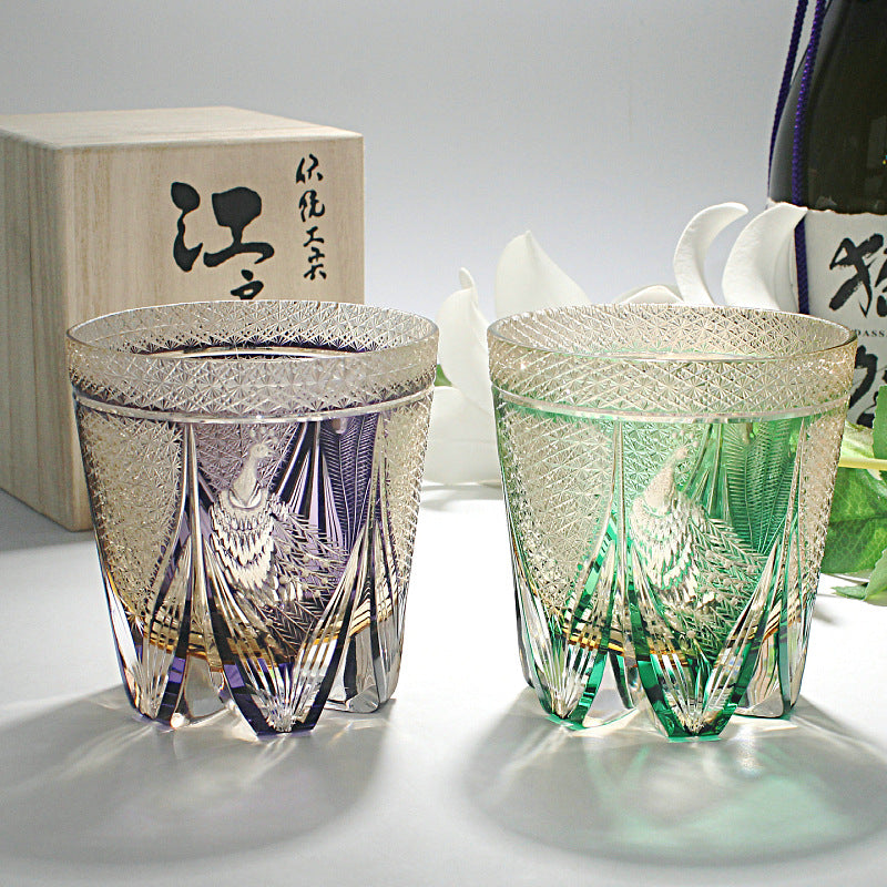 Edo Kiriko Handcrafted Peacock Motif Whisky Glass with Wooden Box - Je t'aime Resolute