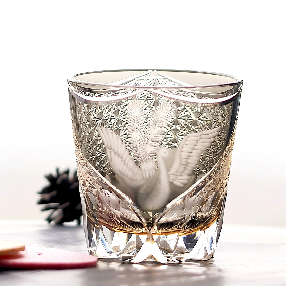 Edo Kiriko Handcrafted Peacock Pattern Whisky Glass Gray Phoenix with Wooden Box - Je t'aime Resolute