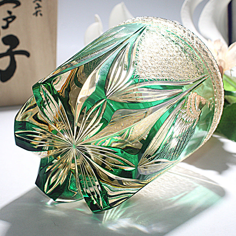 Edo Kiriko Handcrafted Peacock Motif Whisky Glass with Wooden Box - Je t'aime Resolute