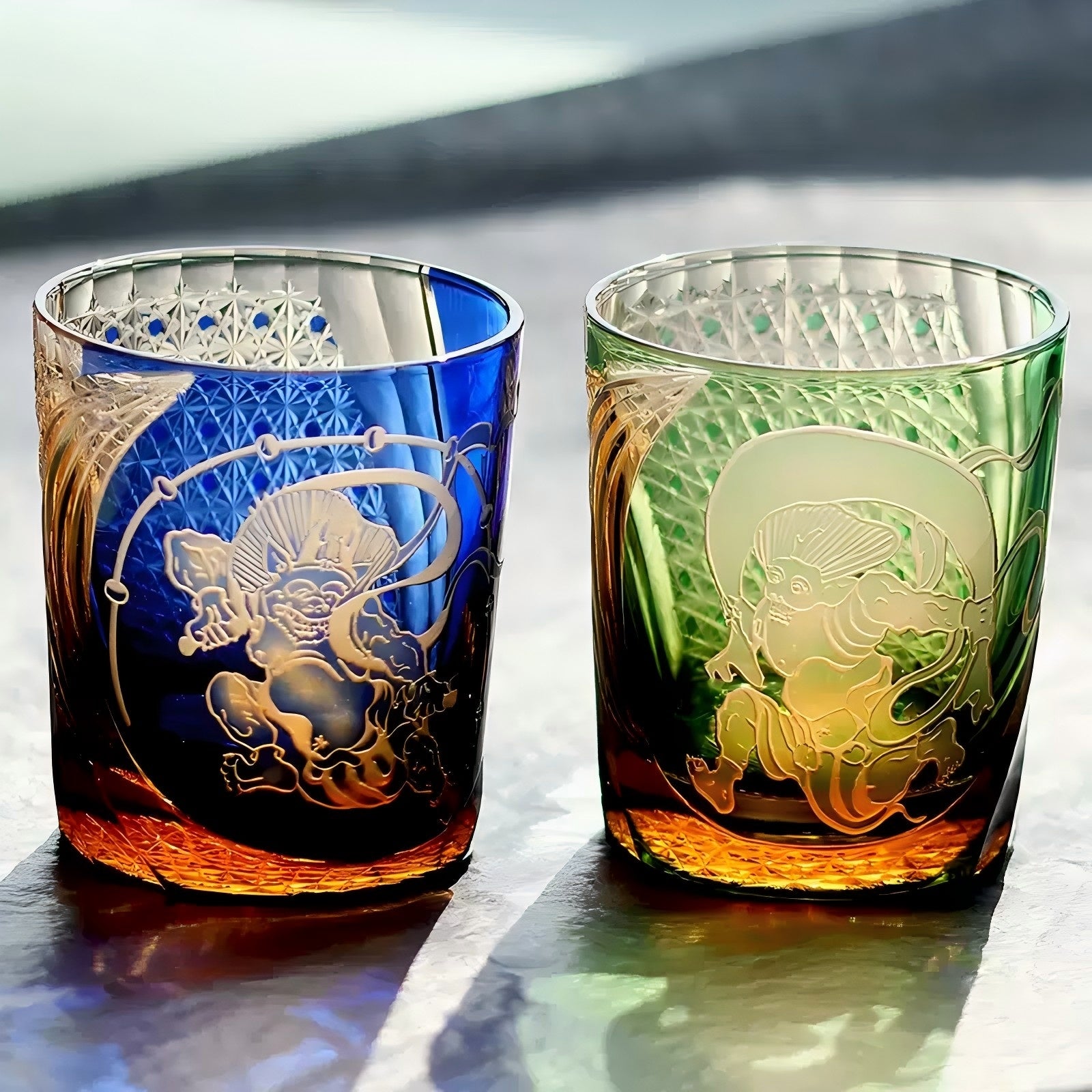 Edo Kiriko Handcrafted Raijin Whisky Glass with Wooden Box - Je t'aime Resolute