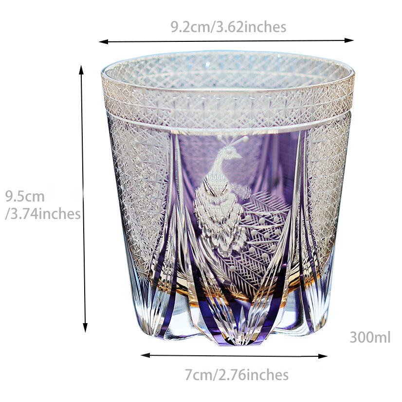 Edo Kiriko Handcrafted Peacock Motif Whisky Glass with Wooden Box - Je t'aime Resolute