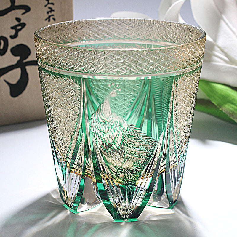 Edo Kiriko Handcrafted Peacock Motif Whisky Glass with Wooden Box - Je t'aime Resolute