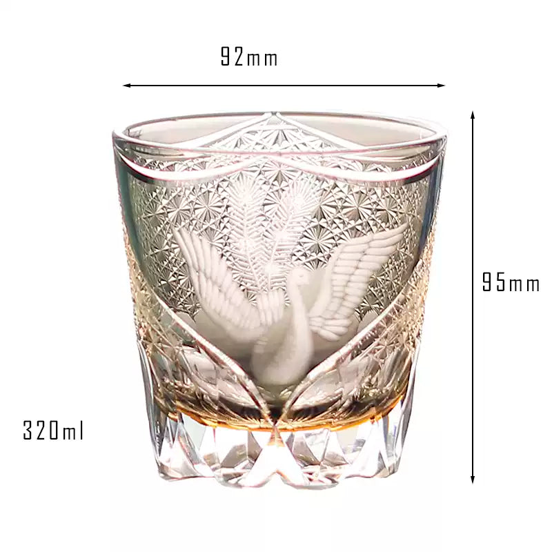 Edo Kiriko Handcrafted Peacock Pattern Whisky Glass Gray Phoenix with Wooden Box - Je t'aime Resolute