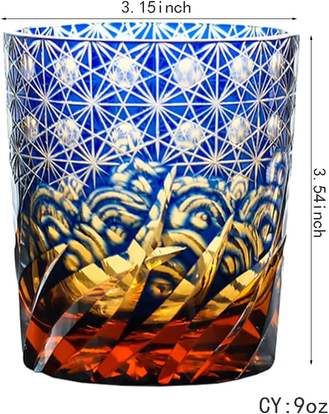 Edo Kiriko Handcrafted Blue Amber Whisky Tumbler with Wooden Box - Je t'aime Resolute