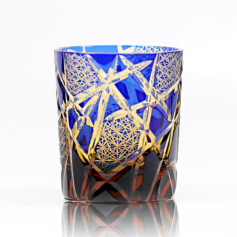 Edo Kiriko Handcrafted Amber Black Lightning Whisky Glass With Wooden Box - Je t'aime Resolute