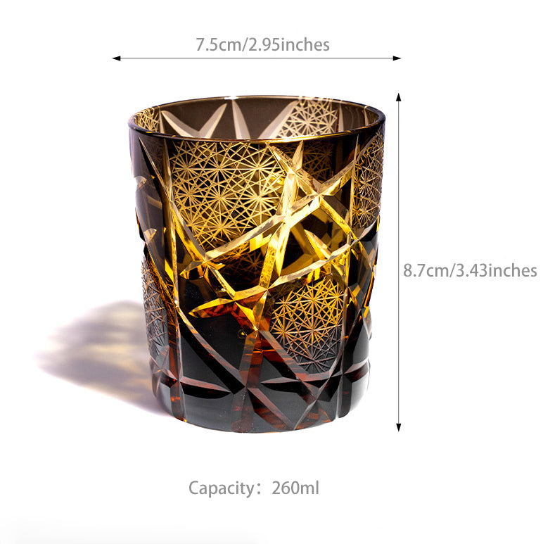 Edo Kiriko Handcrafted Amber Black Lightning Whisky Glass With Wooden Box - Je t'aime Resolute