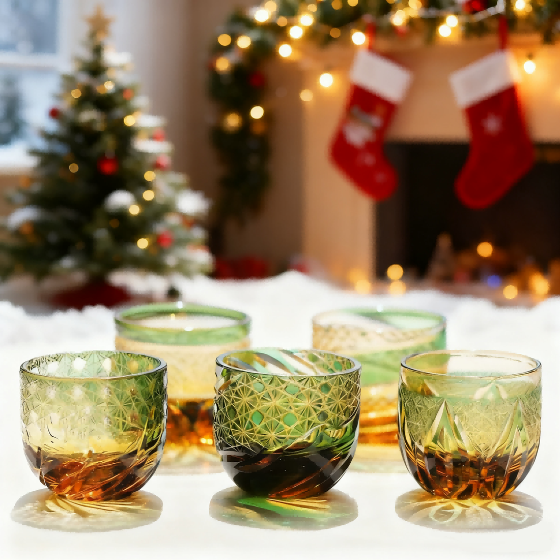 Edo Kiriko Handcrafted Green-Amber Crystal Sake Glass - Je t'aime Resolute