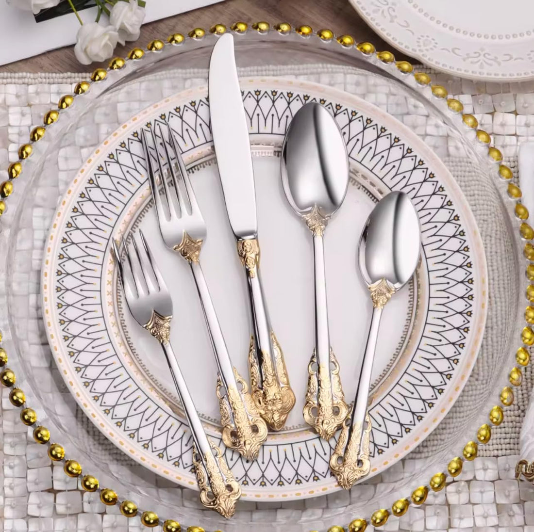 JR Vintage Embossed Stainless Steel Cutlery Set (5 pcs) - Je t'aime Resolute