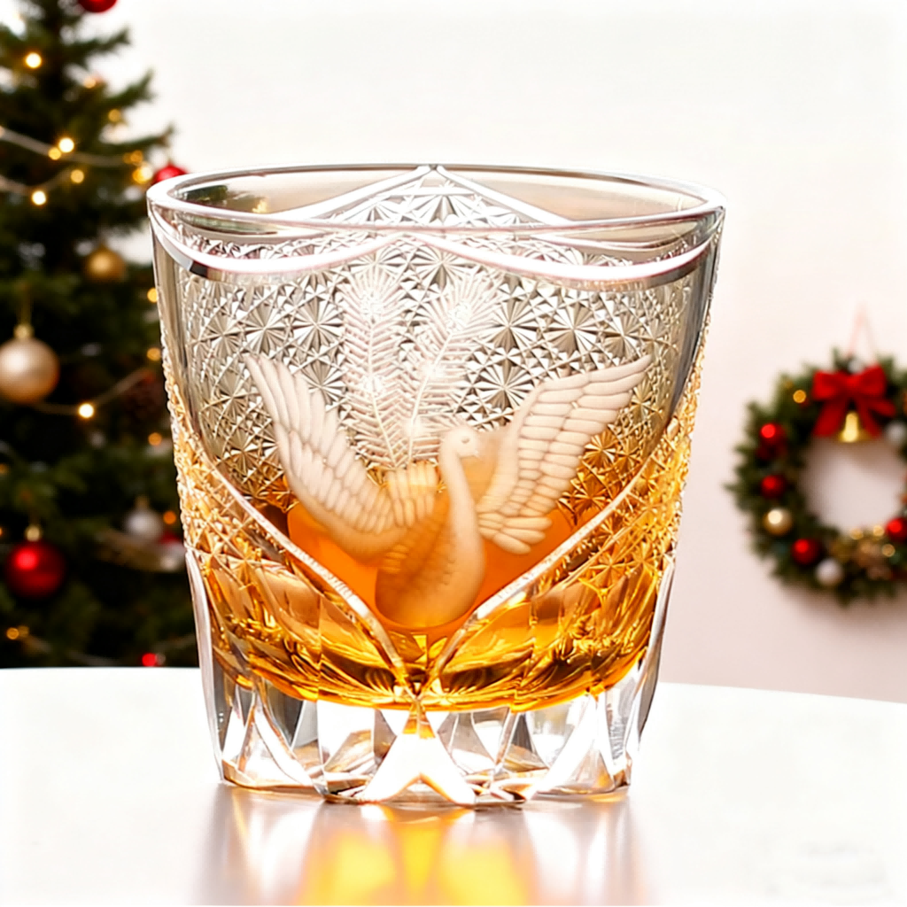 Edo Kiriko Handcrafted Peacock Pattern Whisky Glass Gray Phoenix with Wooden Box - Je t'aime Resolute