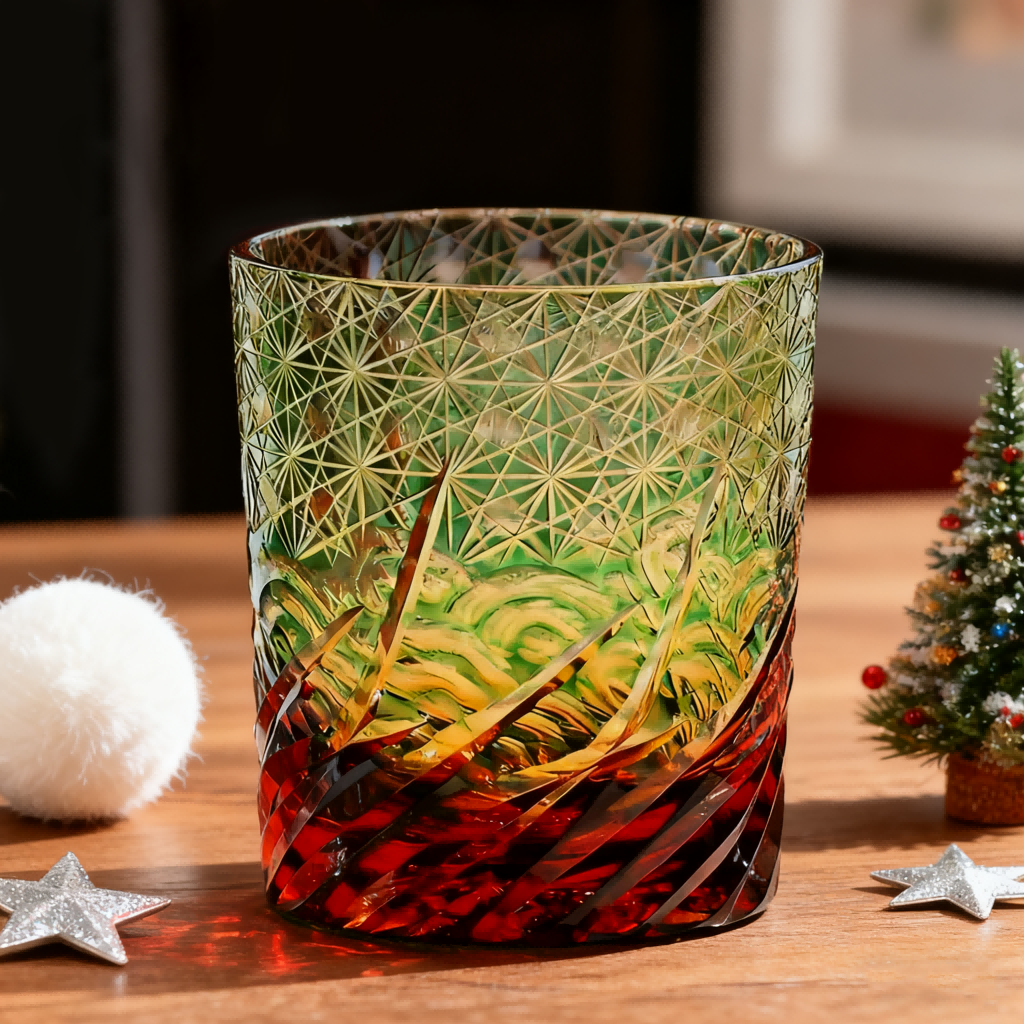 Edo Kiriko Handcrafted Blue Amber Whisky Tumbler with Wooden Box - Je t'aime Resolute