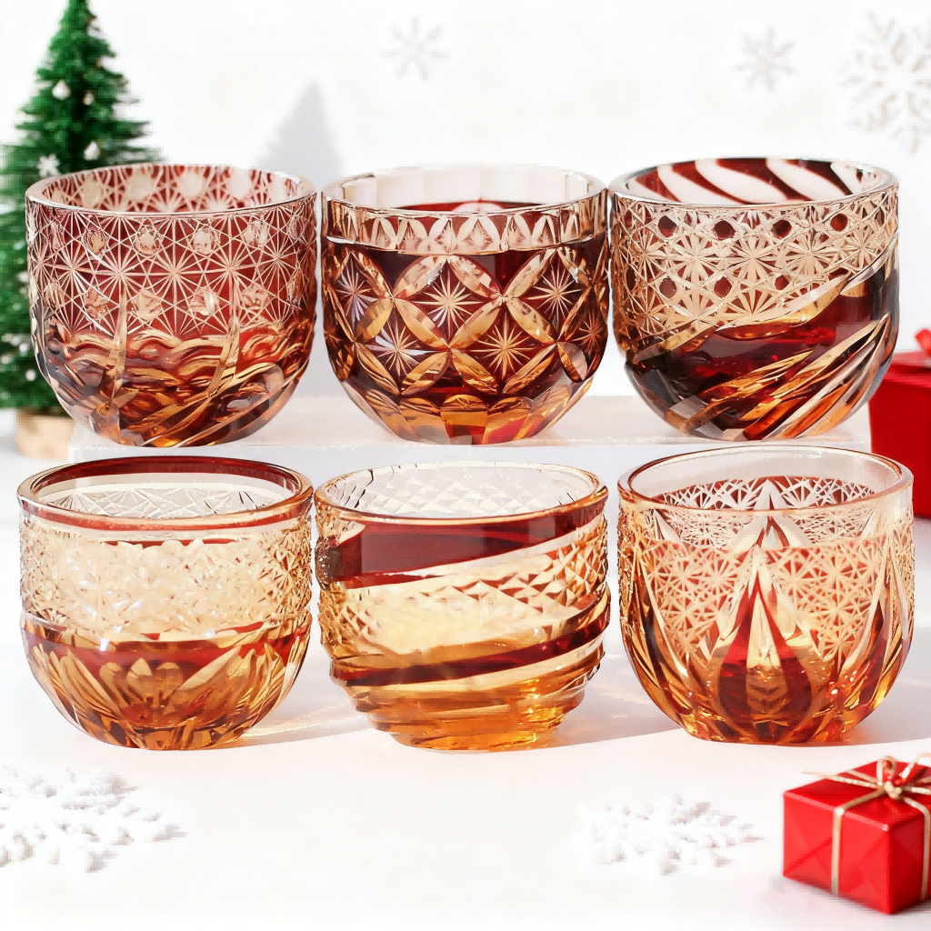 Edo Kiriko Handcrafted Red-Amber Crystal Sake Glass - Je t'aime Resolute