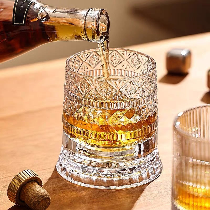 JR Handcrafted 360° Rotating Embossed Crystal Whiskey Tumbler Glass - Je t'aime Resolute