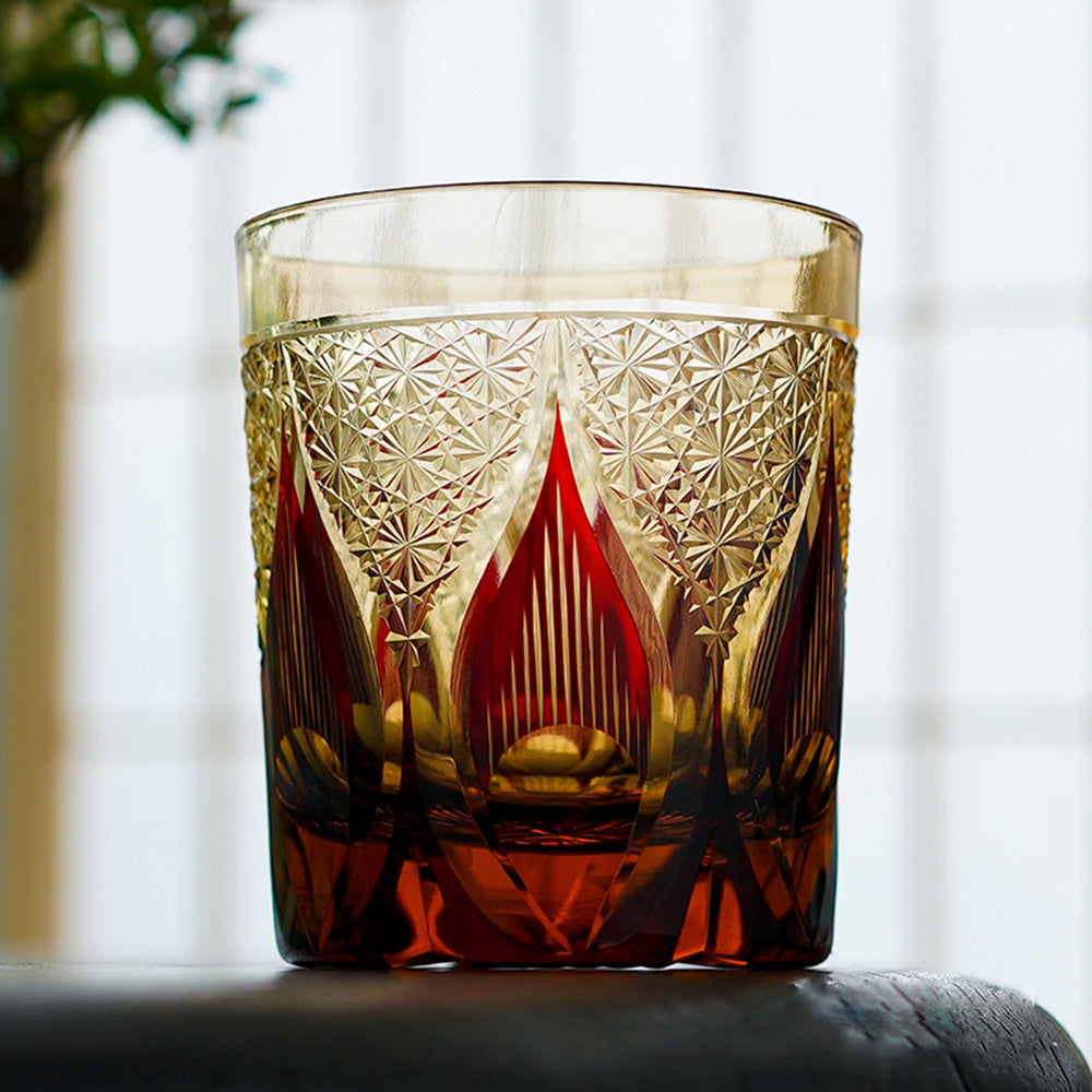 Edo Kiriko Handcrafted Amber Candlelight Whisky Glass with Wooden Box - Je t'aime Resolute